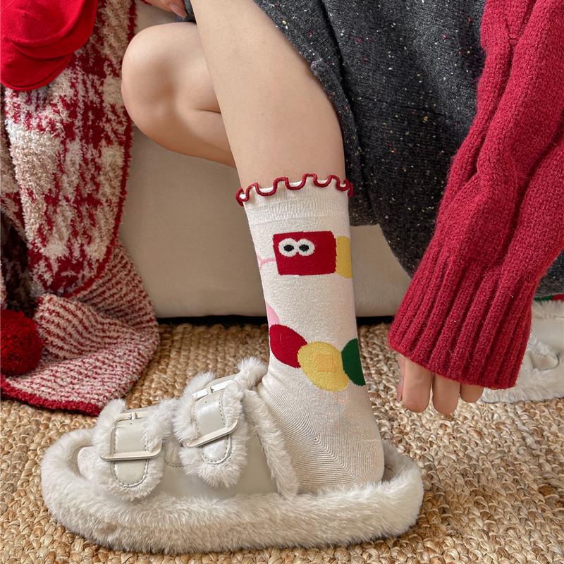 Women's Christmas Red Cartoon Mid-Calf Socks for Autumn and Winter
