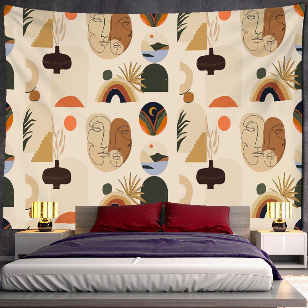 Ilustrație de linie simplă Tapiserie Agățat pe perete Pictură în ulei retro Stil boem În Decorul casei Fundal pânză