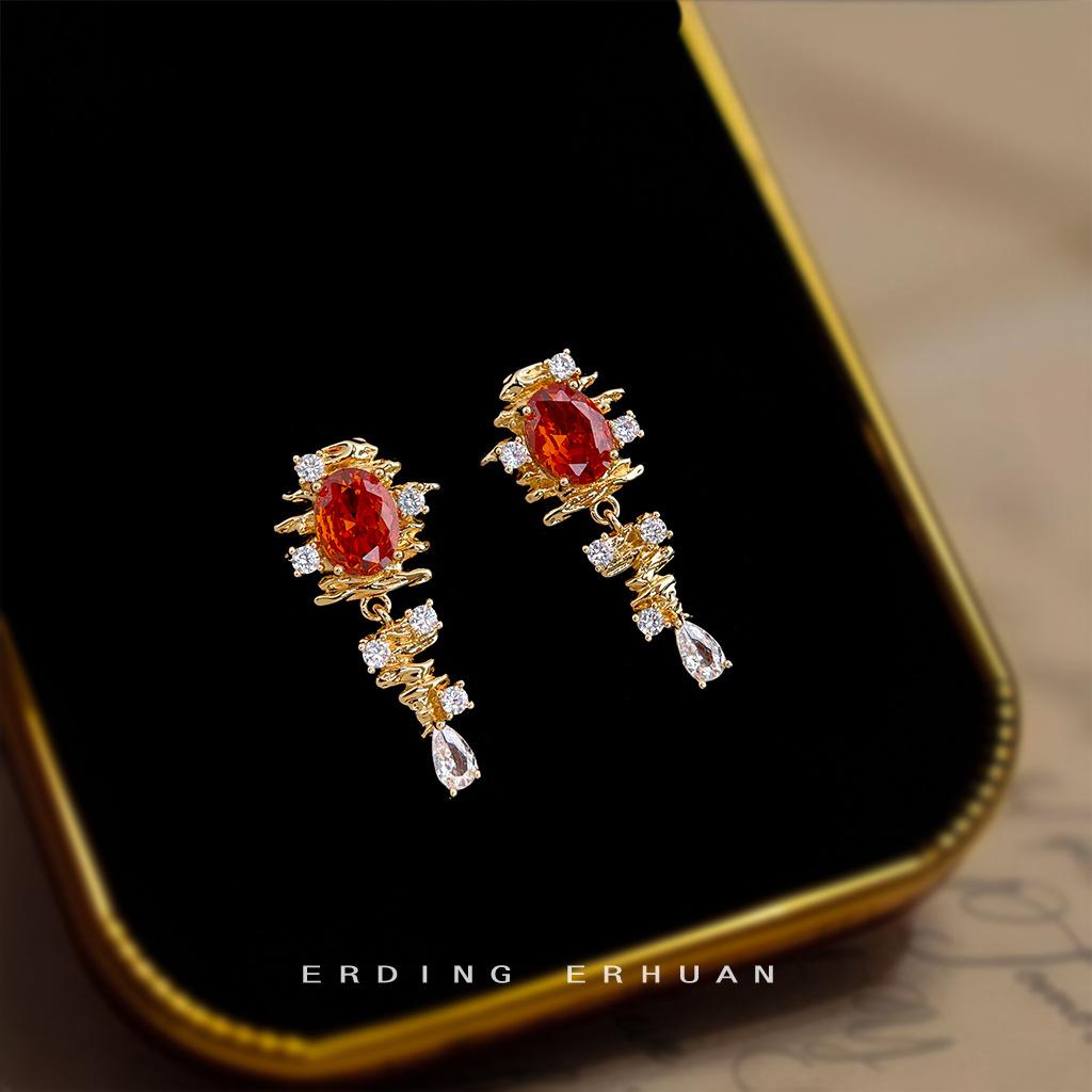 

Design Fashion Autumn and Winter Orange Red Zircon Literary Earrings S925 Silver Needle Earrings