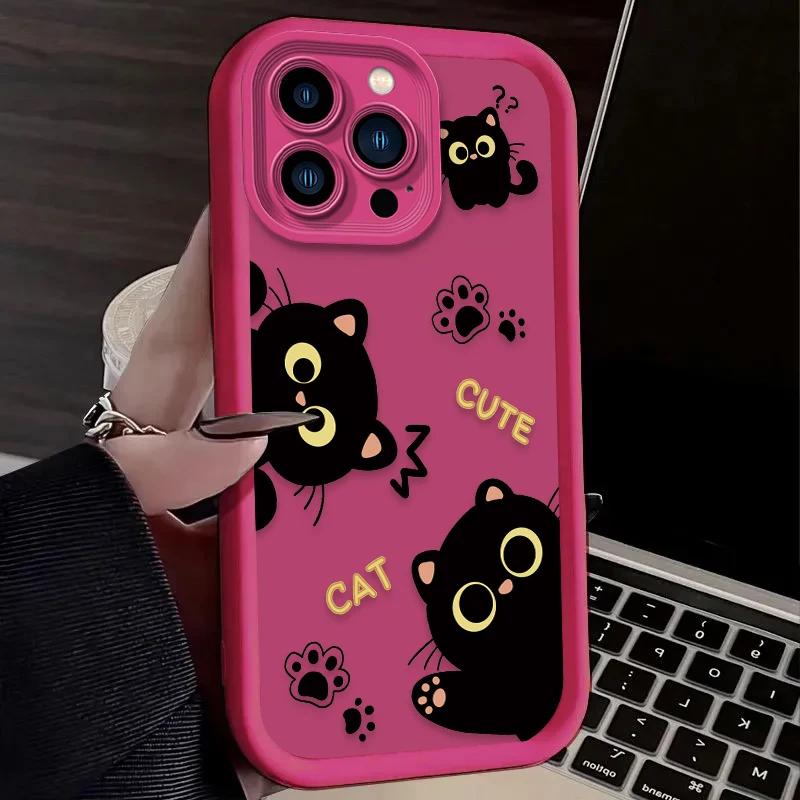 Lovely Black Cat love Heart Silicone Soft Phone Case For iPhone 16 15 14 13 12 11 Pro Max XS X XR 7 8 SE Shockproof