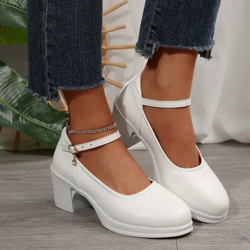 Fashion Chunky Heel Pumps Round Women Toe Ankle Strap Mary Shoes for Women Elegant High Heels Office Shoes Plus Size Chaussure Femme