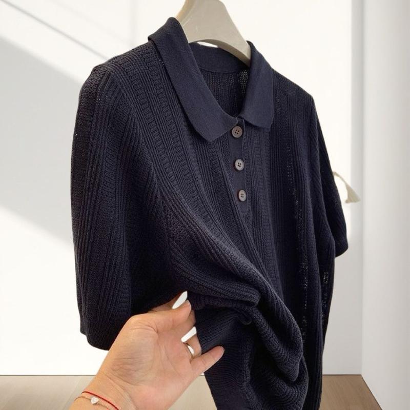 

Женские трикотажные футболки из ледяного конопли однотонные в корейском стиле, повседневные, универсальные, на пуговицах, летние, дышащие, свободные, пуловер, женские футболки 2XL темно-синий