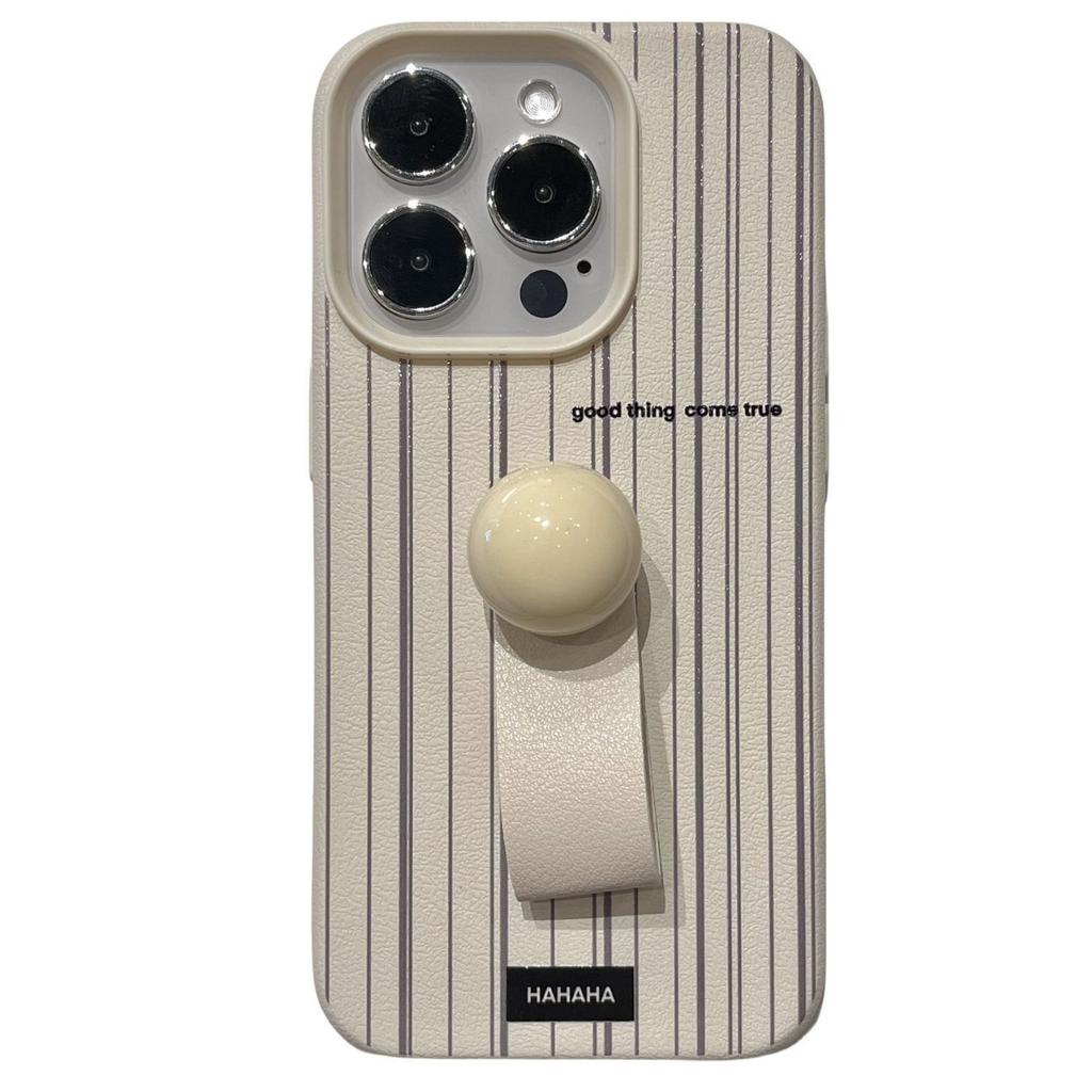 The Leather Texture Black and White Striped Ring Clasp Is Suitable for Apple 16promax Creative Phone Cases 14/12 for Women 13/15