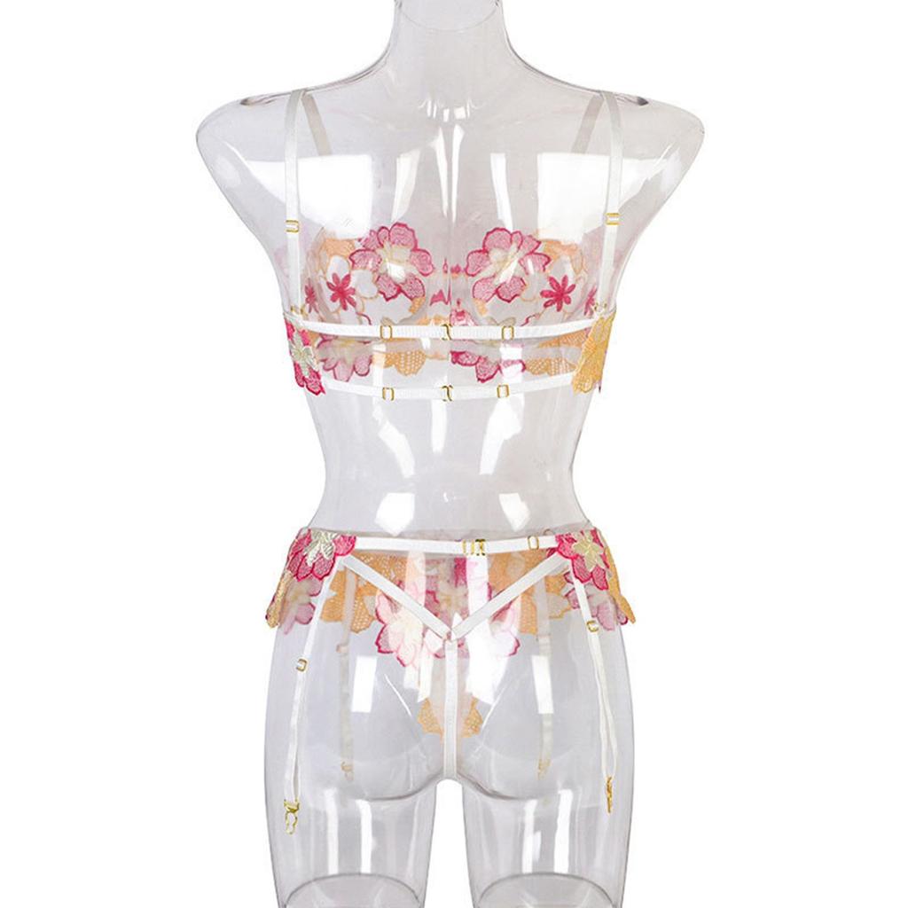Women's Sexy  Lace Flower Embroidery Underwear Sexy Three-piece Suit With Steel Ring