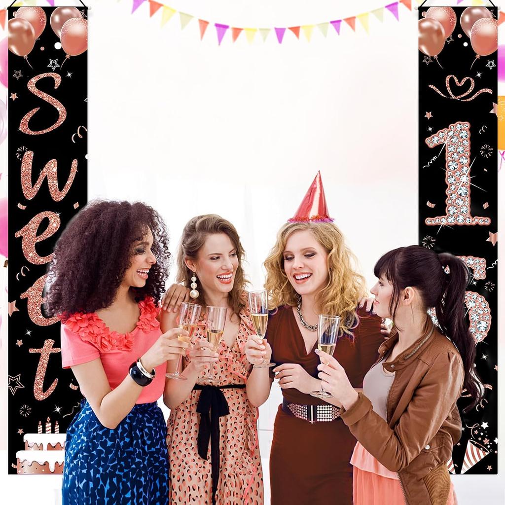 Sweet 16 Party Decorations, Black Rose Gold Happy 16th Birthday Decorations for Girls Sixteen Year Old Birthday Door Banner Porch Sign Party Supplies