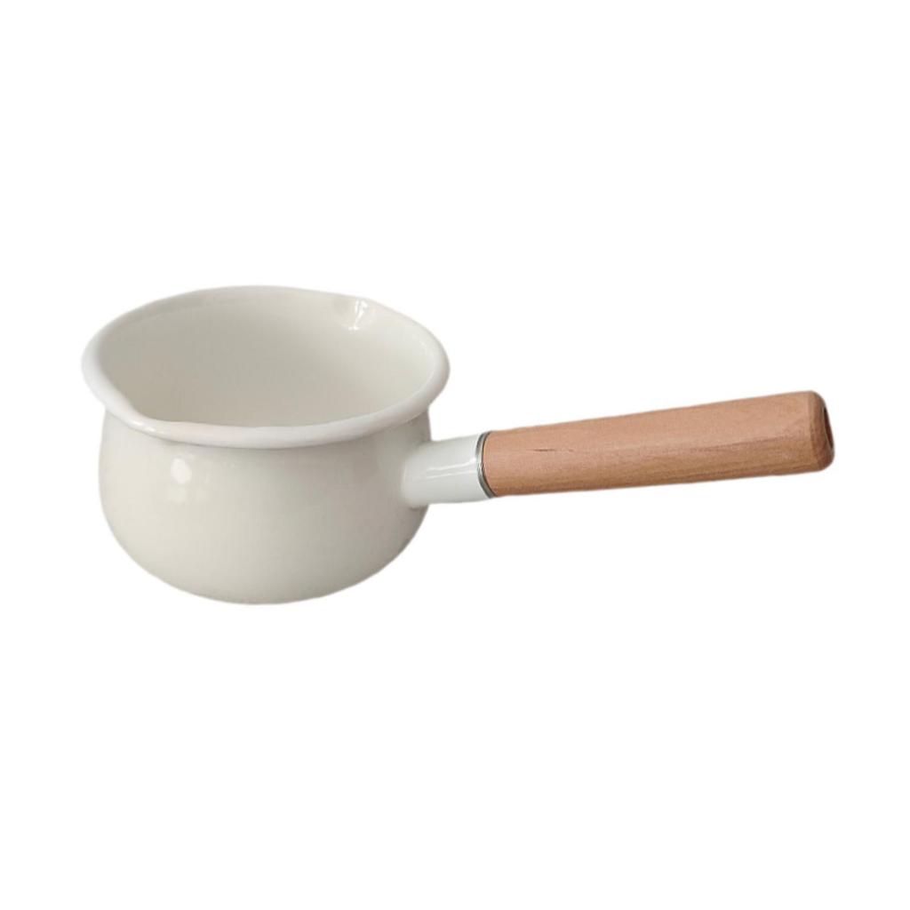Small Enamel Milk Pot Porridge Cooking Pot with Wooden Handle Butter Warmer for Cooking Stove Top Home Camping RV Travel
