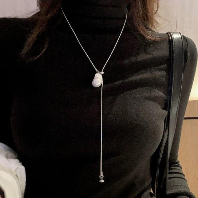 Classic Silver Plated Adjusting Snake Sweater Chain Chokers For Women Irregular Baroque Imitation Pearl Pendant Necklaces