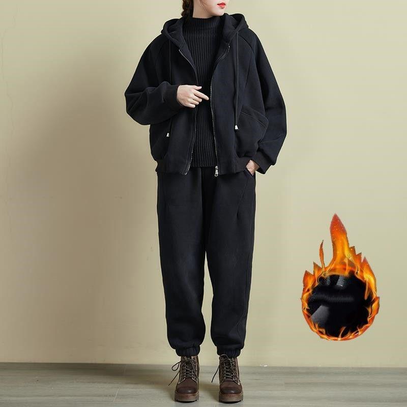 Autumn and Winter Plus Velvet Thickened Large Size Literary Casual Suit Women's Loose and Thin Sports Suit Two-piece Suit
