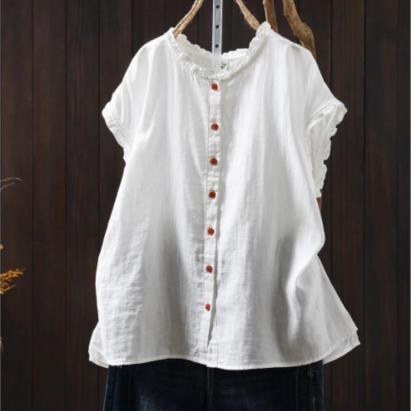 Johnature Camisetas sin Mangas Vintage de Algodón para Mujer Cuello Redondo Color Sólido Verano Botones Sin Mangas Holgadas Suaves Casual Camisetas sin Mangas