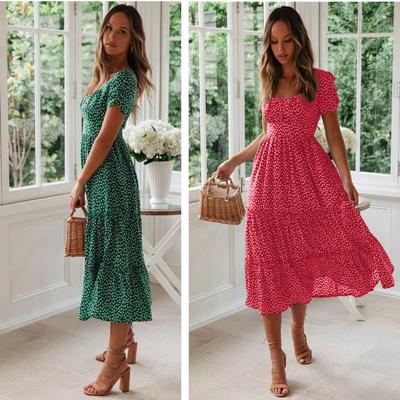 Spot New Trendy Floral Puff Sleeve Square Neck Long Dress