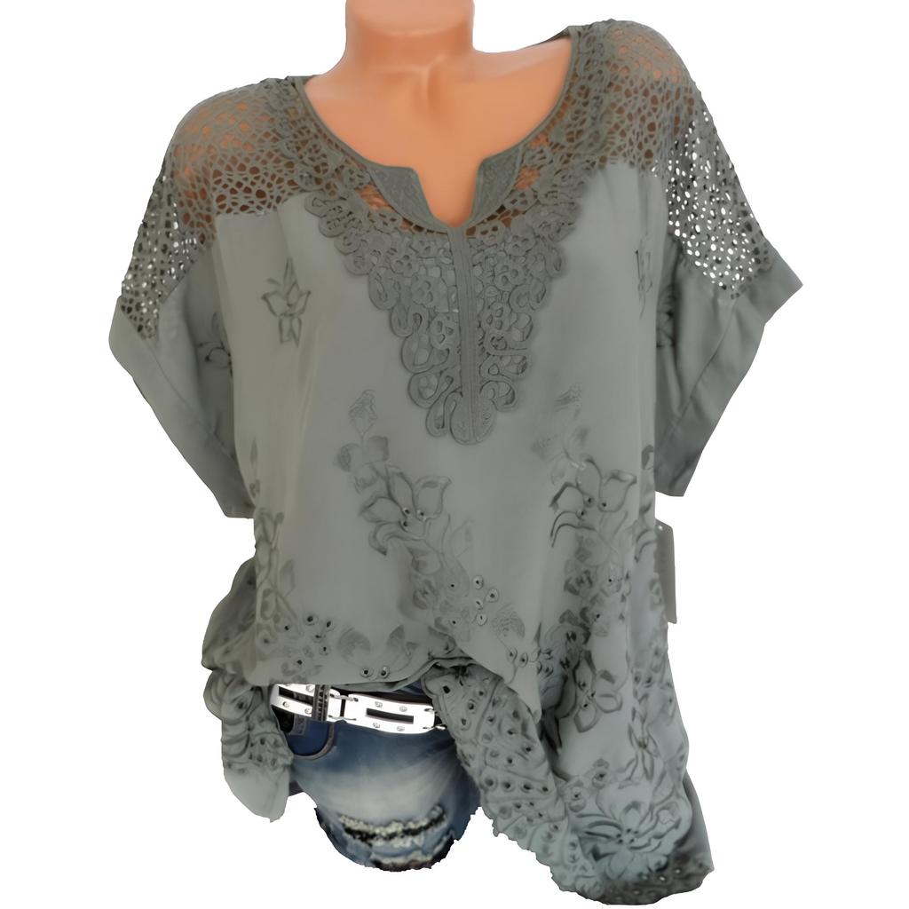 Fashionable Women's Embroidered Lace V-Neck Short Sleeve T-Shirt