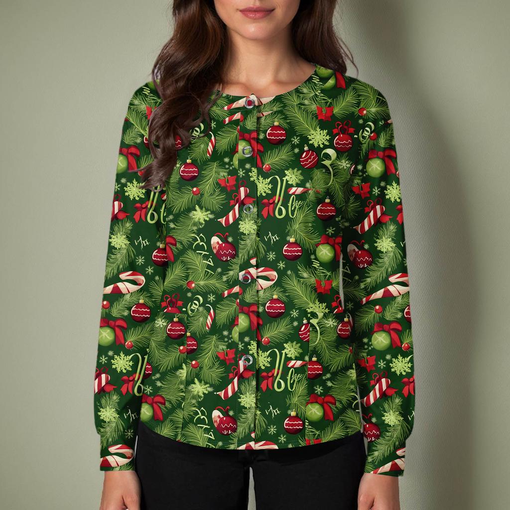 Women's Casual Long-sleeved Single-breasted Christmas Printed Protective Clothing Cardigan Top