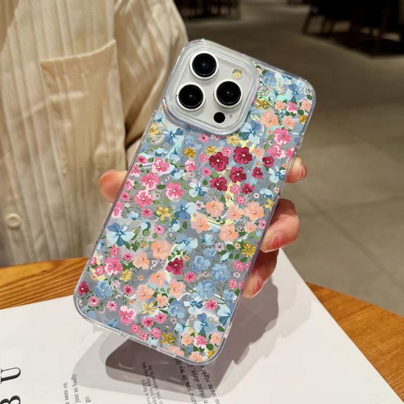Floral Pattern Feather Sparkling Shockproof Phone Case For iPhone 16 Pro Max 15 Pro 14 13 12 11 Clear TPU Soft Edge Glitter Slim Hard PC Back Cover