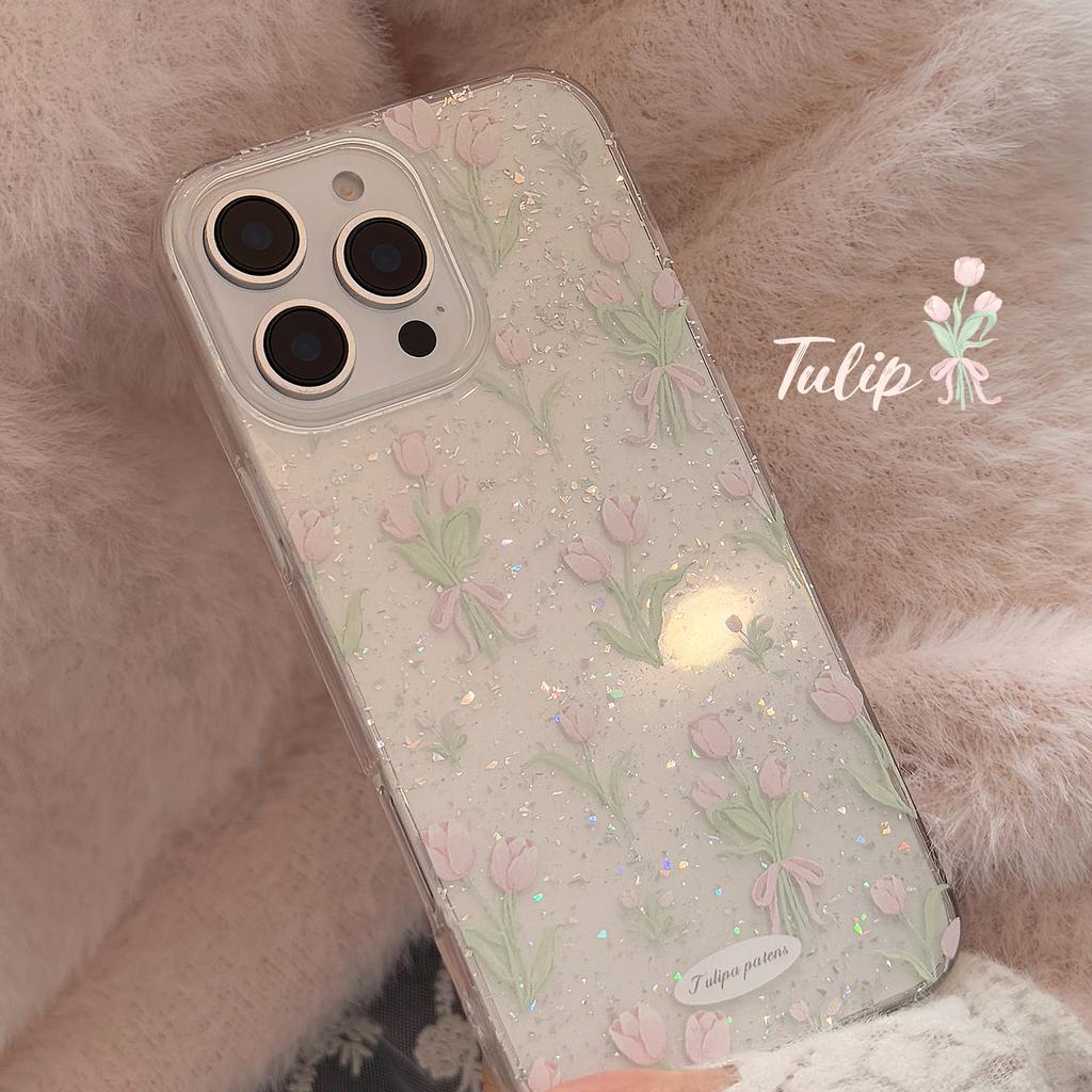 Spring Tulips Suitable for Apple 17promax Mobile Phone Case 16 Pink Beautiful Iphone14 Flash Powder 11 Anti fall