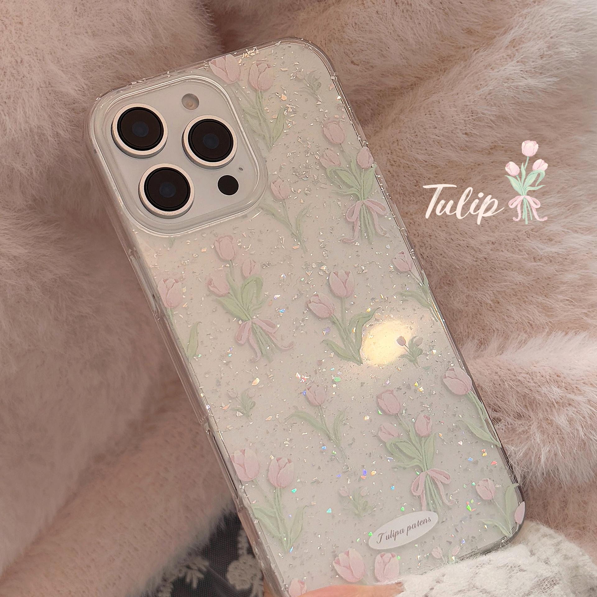 

Spring Tulips for Apple 17 Promax Phone Case 16 Pink Aesthetic for IPhone 14 Glitter 11 Anti-fall X/Xs