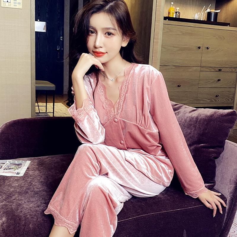 Damen Gold Samt Spitzenbesatz Pyjama Set - Langarm Strickjacke & Hose für Herbst/Winter