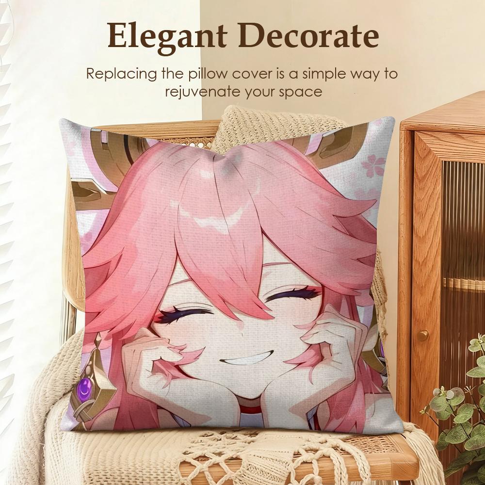 Yae Miko Genshin Impact Cushion Cover Natural Linen Organic Fabric DoubleSided Printing Sofa Home Decor Gift Pillow Case