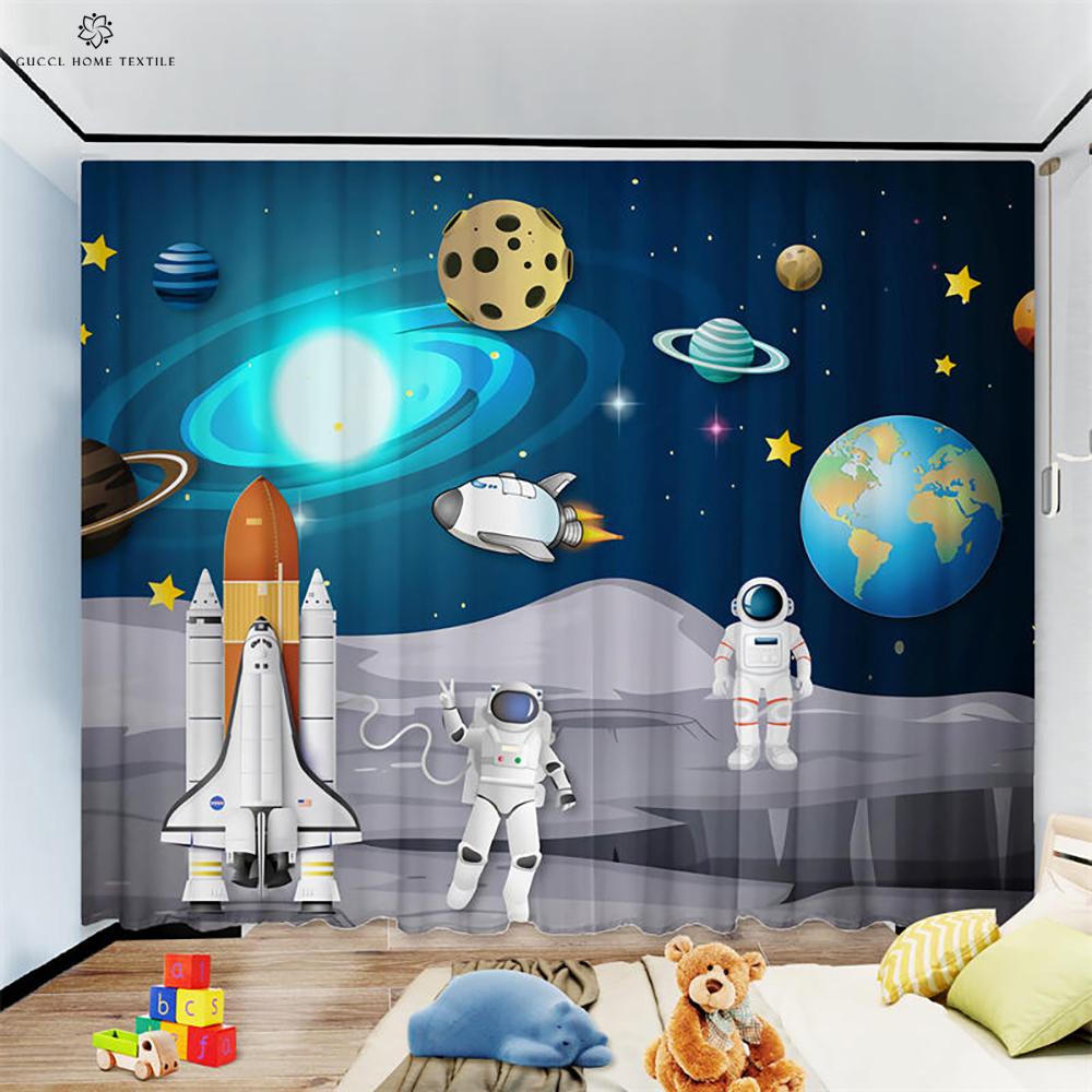 Animation Cartoon Astronaut Curtains for Children's Room, Window Decoration, Living Room, Study, Kitchen, Space, 2Pcs