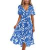 Women's Casual V Neck Short Sleeve Floral Print Dress Midi Length Wrap Style Summer Dress with Adjustable Waist Tie