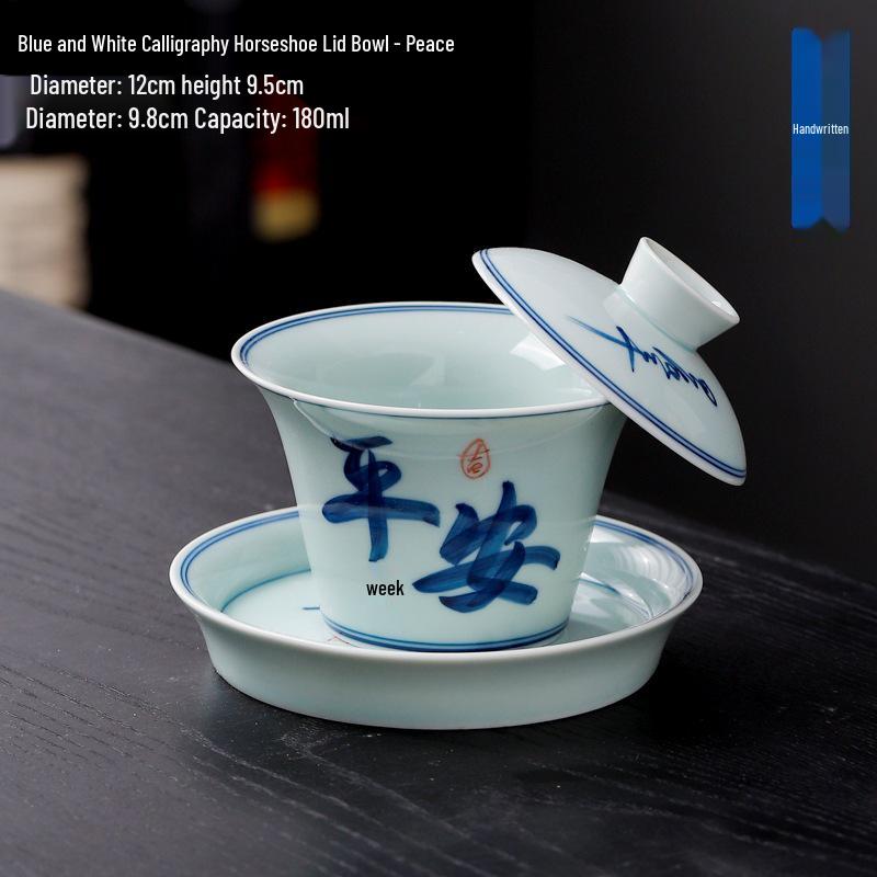 Large Blue & White Hand-Painted Sancai Gaiwan Tea Bowl - Ceramic Kung Fu Teacup Set