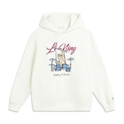 Li Ning Sports Lifestyle Series Simple Fleece Versatile Letter Cartoon Animal Print Drop Shoulder Loose Hoodie Women Hoodies Off-White AWDVC78-1