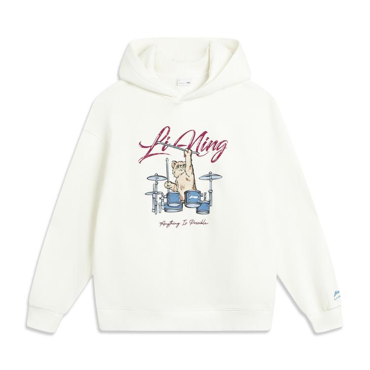 Li Ning Sports Lifestyle Series Simple Fleece Versatile Letter Cartoon Animal Print Drop Shoulder Loose Hoodie Women Hoodies Off-White AWDVC78-1