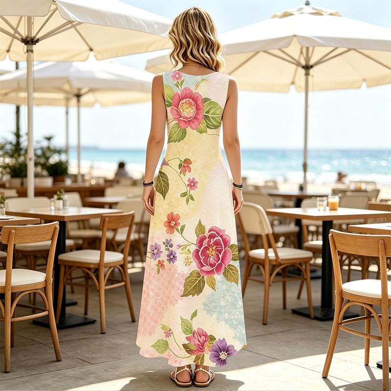Women’s Versatile Floral Sleeveless Dress Spring & Summer Maxi,Lightweight Flowy,Elegant,Ideal for Daily,Outdoor,Vacation