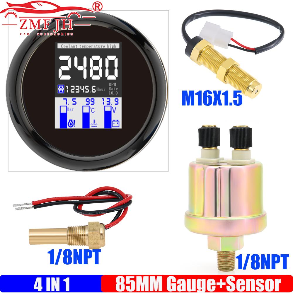 ZMFJH Digital 85MM Multifunctional Gauge 4IN1 Tachometer+Oil Pressure Meter+Water Temp+Voltage with Sensor Alarm for Car Boat