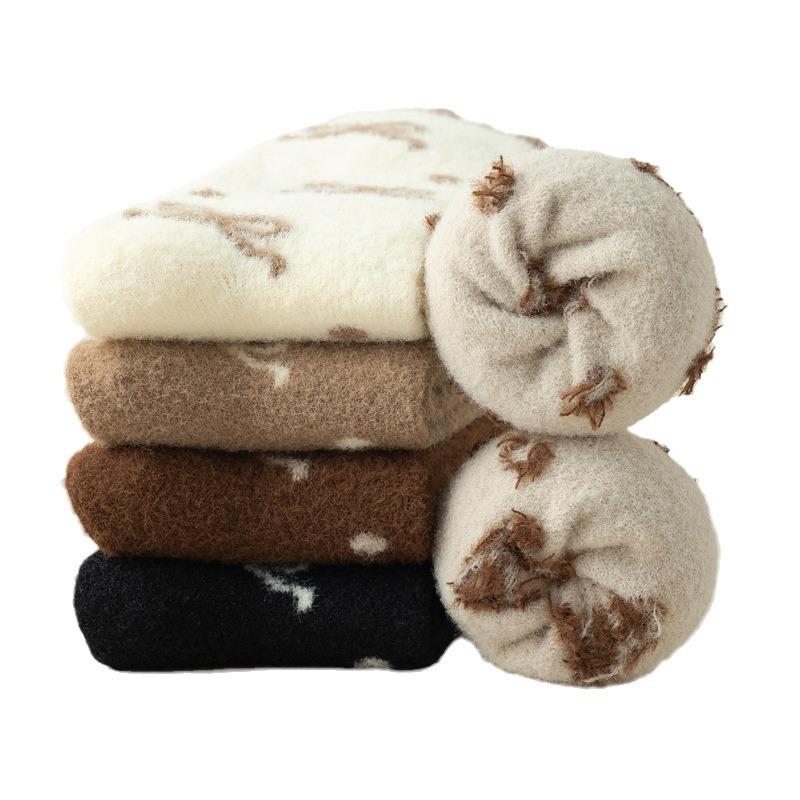 5/10 Pairs Casual Winter Australian Wool Socks for Women Thickened Warm Bow Tie Floor Socks Medium Length Socks In Coffee Color Plush Socks