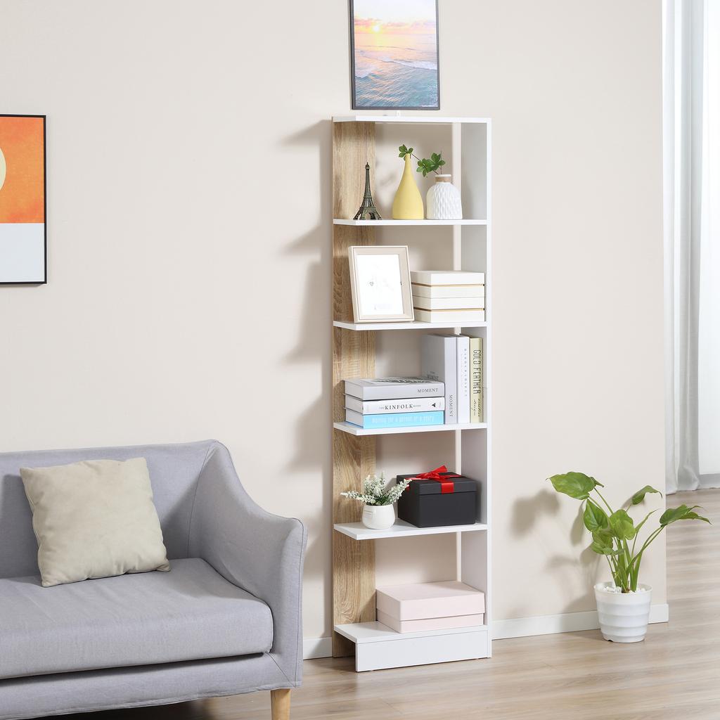 Estantería de Almacenamiento con 5 Compartimentos Abiertos Diseño Moderno Simple Ideal para Sala de Estar Dormitorio Oficina 45 x 21 x 170 cm Blanco y Roble