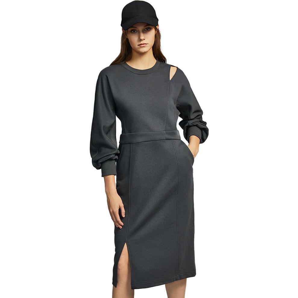 ELLE Solid Color Split Shoulder Long Slim Dress Elegant Long Sleeve Dress Women dresses Gray EL35793