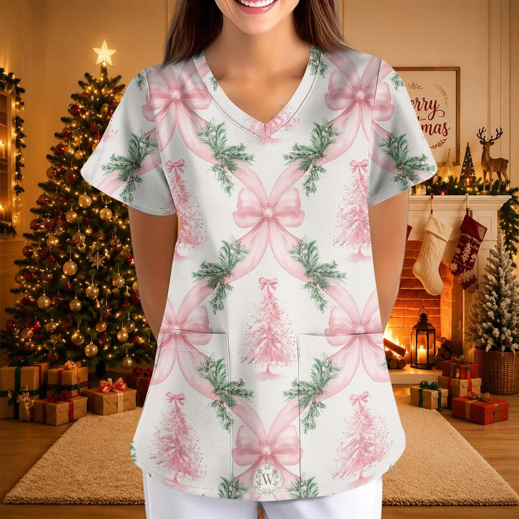 Women's Christmas Print V-Neck Short Sleeve Uniform with Pockets Loose Fit