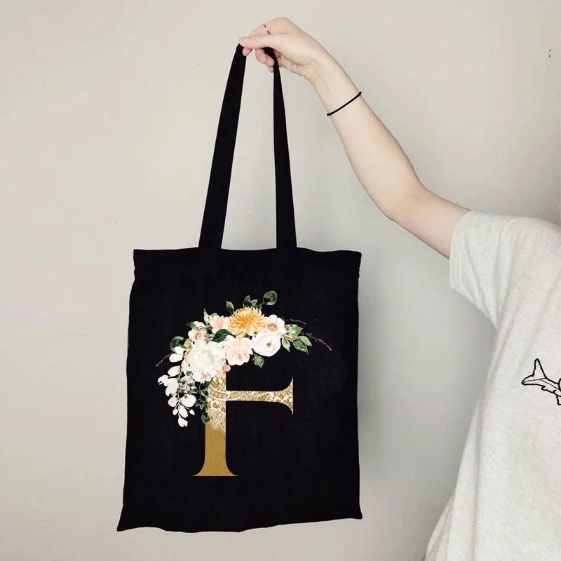 Gold Letter Flower Canvas Bag Women's Shopping Bag Reusable Large Capacity Portable Handbag Harajuku Student Shoulder Bag