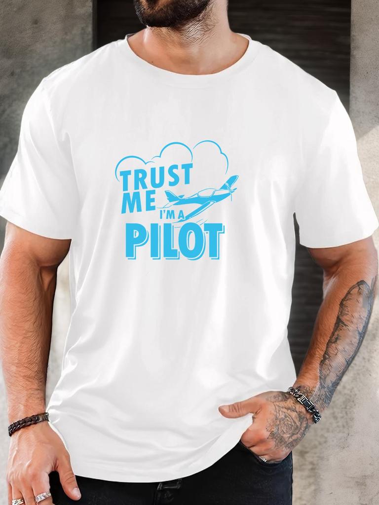 T-Shirt Print 100% Cotton Pilot Slogan Pattern Summer Round Neck Breathable Men's Short Sleeves Loose Cotton Tee Daily Top