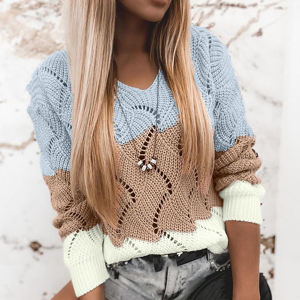 Women Fashion Loose Contrast Color V-neck Hollow Loose Knit Long-sleeved Sweater