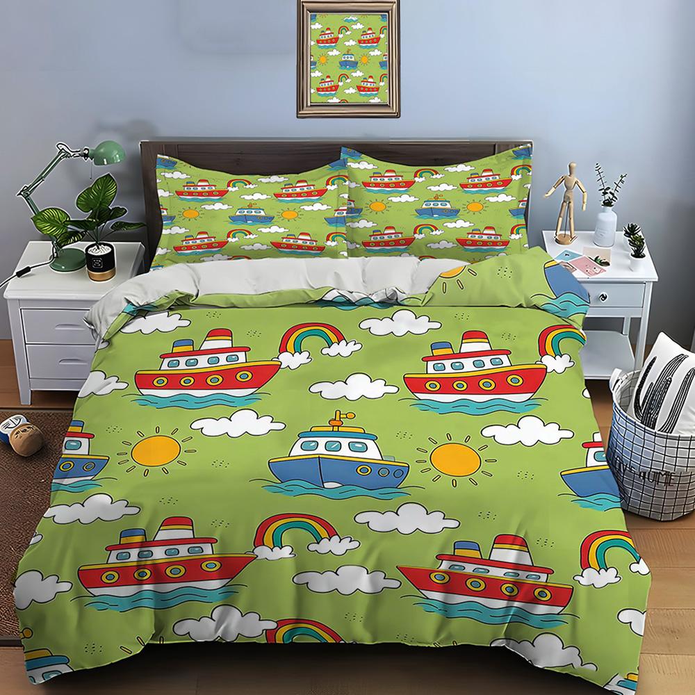 Cartoon Ship Rainbow Sun Pattern Bedding Set 1 Duvet Cover 2 Pillowcases for Adult and Children Luxury Gift Full Size 135x200cm