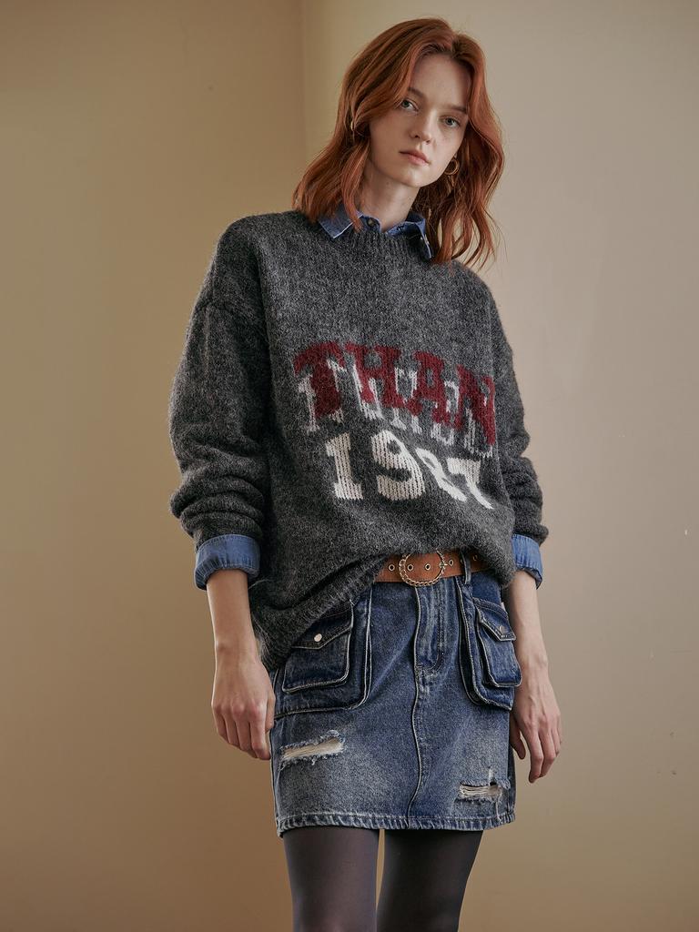 MAXZA Lettering Melange Wool Blend Loose Fit Round Neck Knit