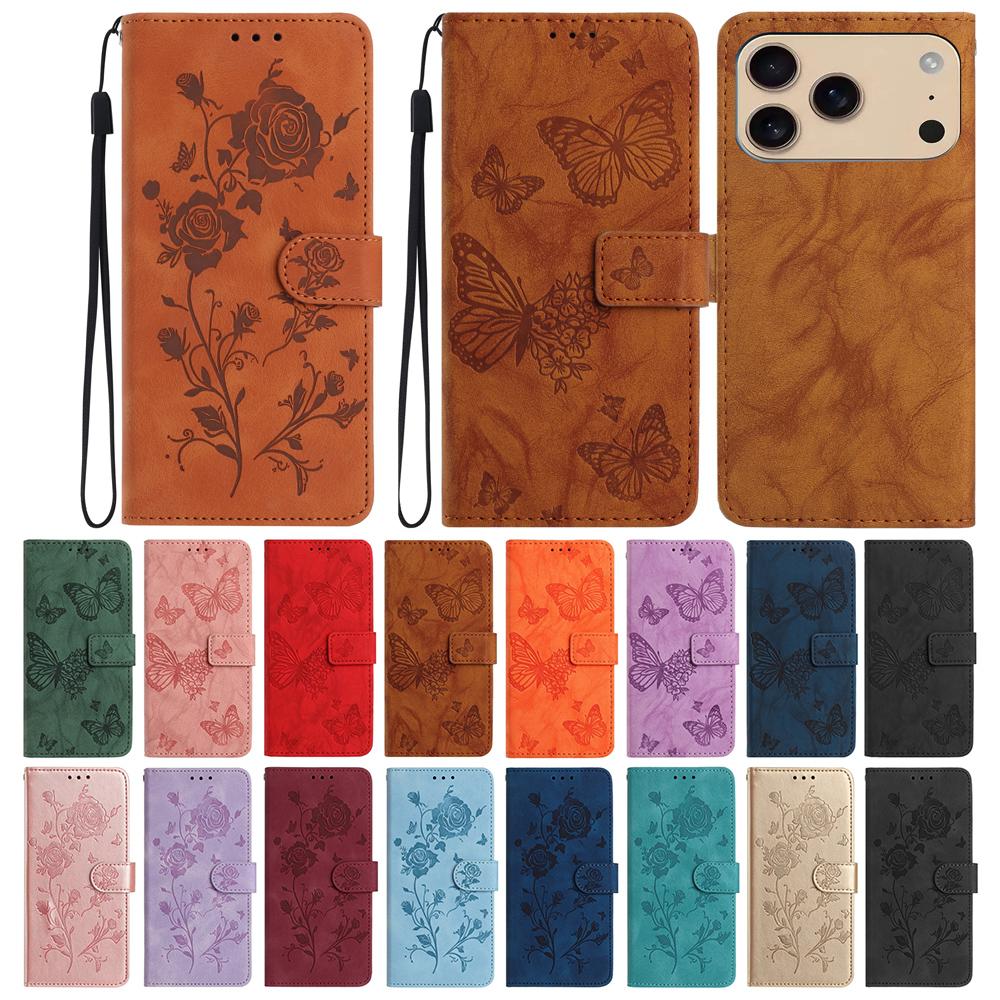 Leather Phone Case For iPhone 17 Air 16 Pro 15 Plus X 10 XS Max 16E 17Pro Max Butterfly Embossing Print Card Slots Wallet Cover