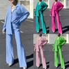Dámské dvoudílné ležérní outfity s dlouhým rukávem košile na knoflíky s vysokým pasem dlouhé kalhoty společenské oblečení Streetwear