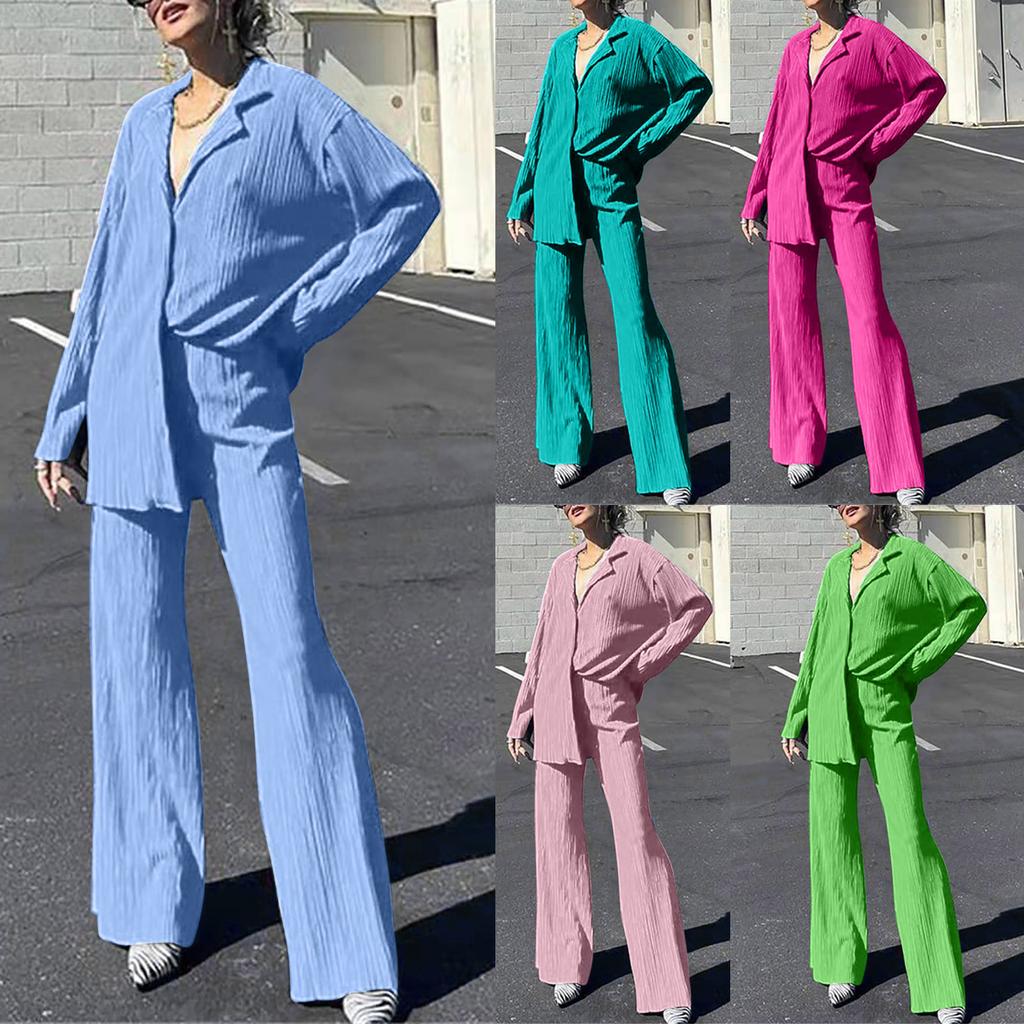 Women's 2 Piece Casual Outfits Long Sleeve Button Down Shirt High Waist Long Pants Loungewear Streetwear