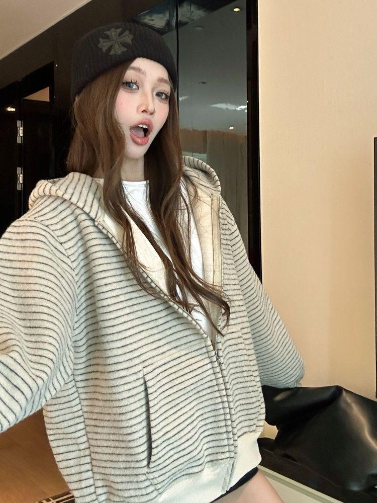 American Retro Korean-Style Women's Hooded Striped Cardigan - Autumn Loose Fit