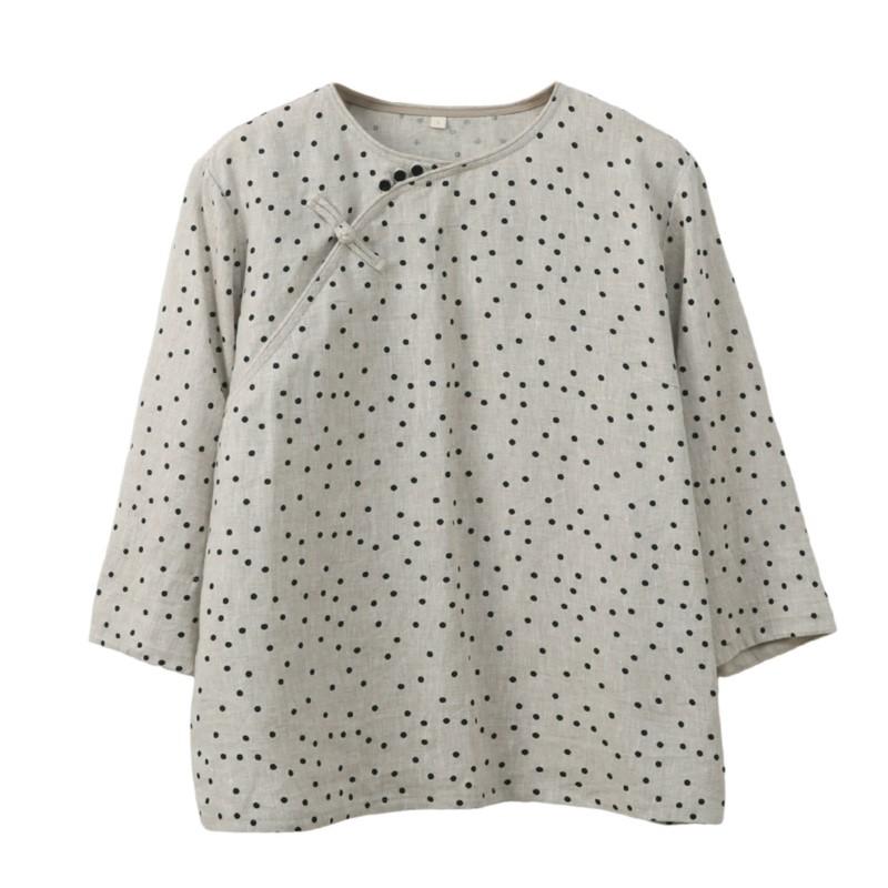 

Johnature Женские футболки в китайском стиле с круглым вырезом и семью рукавами, весенние свободные женские повседневные футболки в горошек XXL слоновая кость