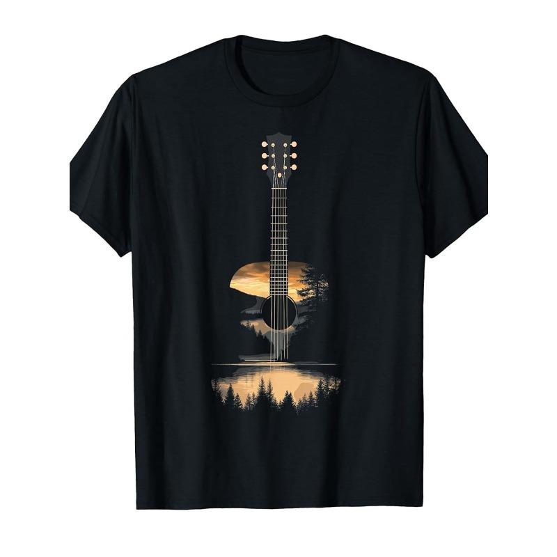 European sizes Men'S Retro Music and Nature Pattern T-Shirt | Black Acoustic Guitar and Lake Sunset Design , Loose Fit Short Sleeve Crew Neck