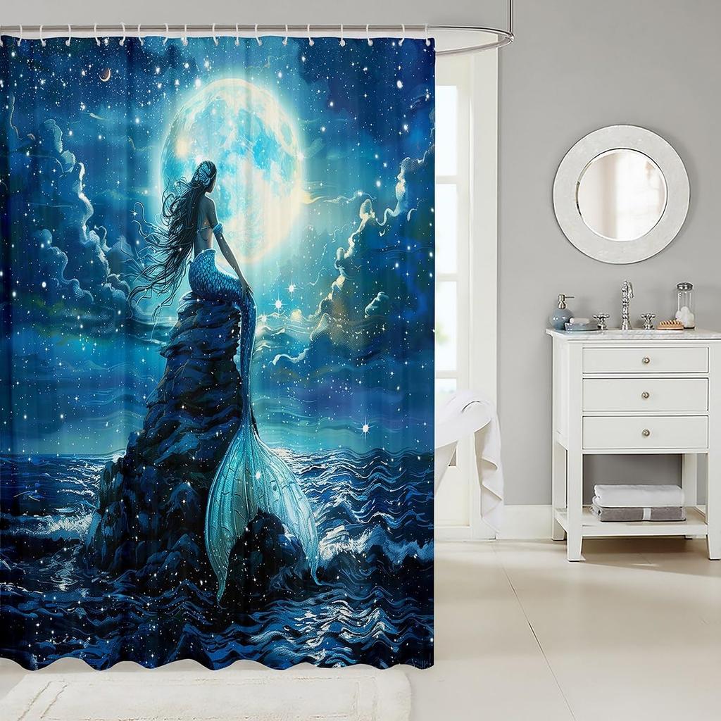 Mermaid Shower Curtain Moon Night Ocean Starry Sky Fantasy Art Sea Theme Bath Decor Waterproof Fabric Home Accessories