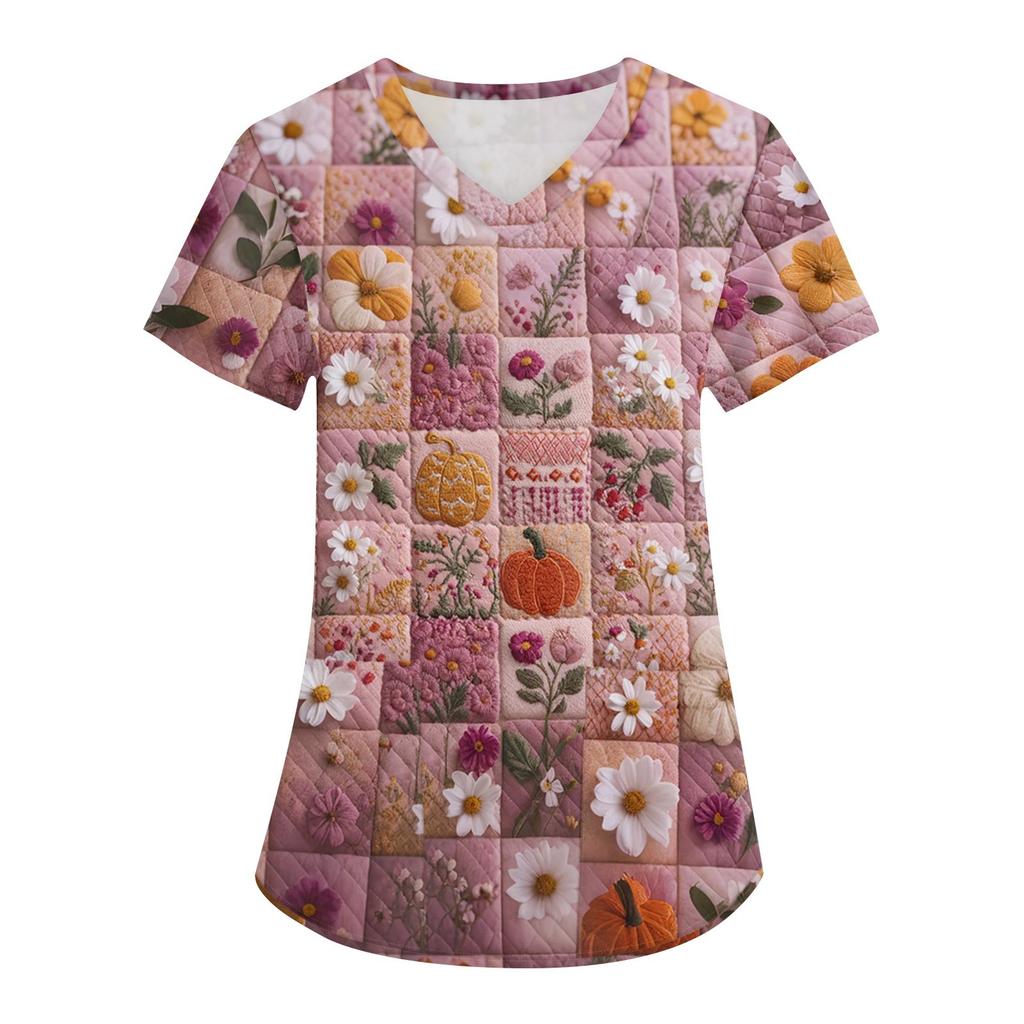 Women's Printing Uniform Work Uniform V-neck Pockets Basic Short Sleeve Pullover Top
