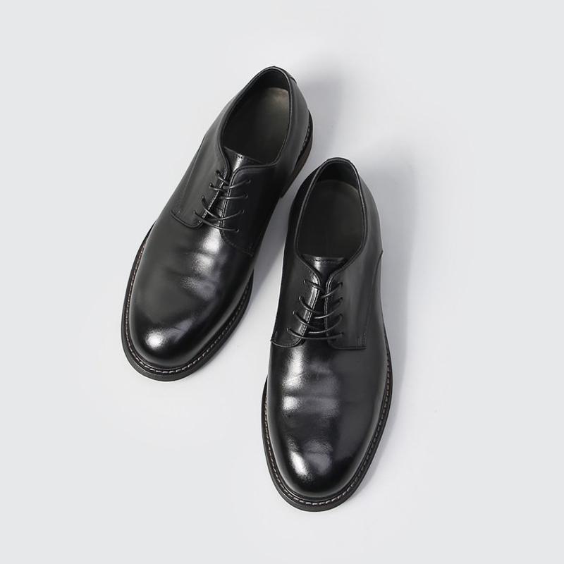 Mens Handmade Genuine Leather Oxford Shoe British Vintage Round Toe Thick Heel Casual Shoes Low Top Lace Up Men'S Business Shoes