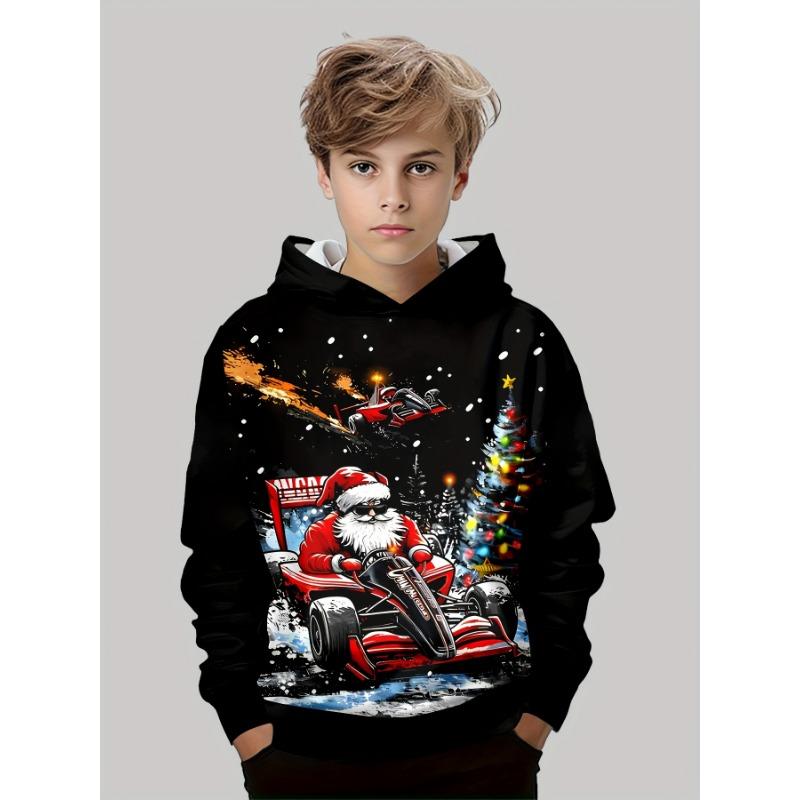 Christmas & New Year Gifts For Kids Winter Hoodie Unique Black Racing Santa Print Pullover Boys Girls Warm Top Party Daily Wear