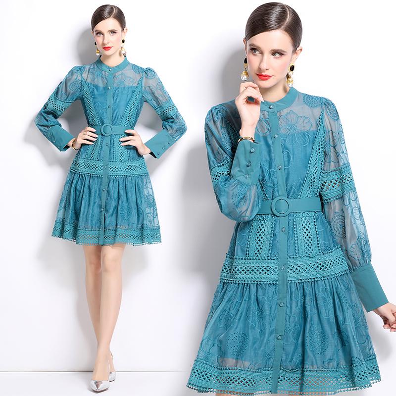 

Весна Осень Женские Элегантные Вышитые Цветочные Кружева Платья Для Вечеринок С Поясом S синий