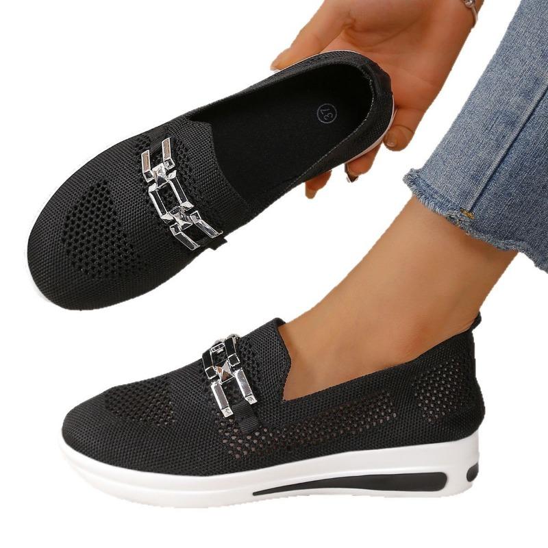 Spring new metal chain slope heel thick sole one pedal breathable and lightweight mesh large size casual single shoes women