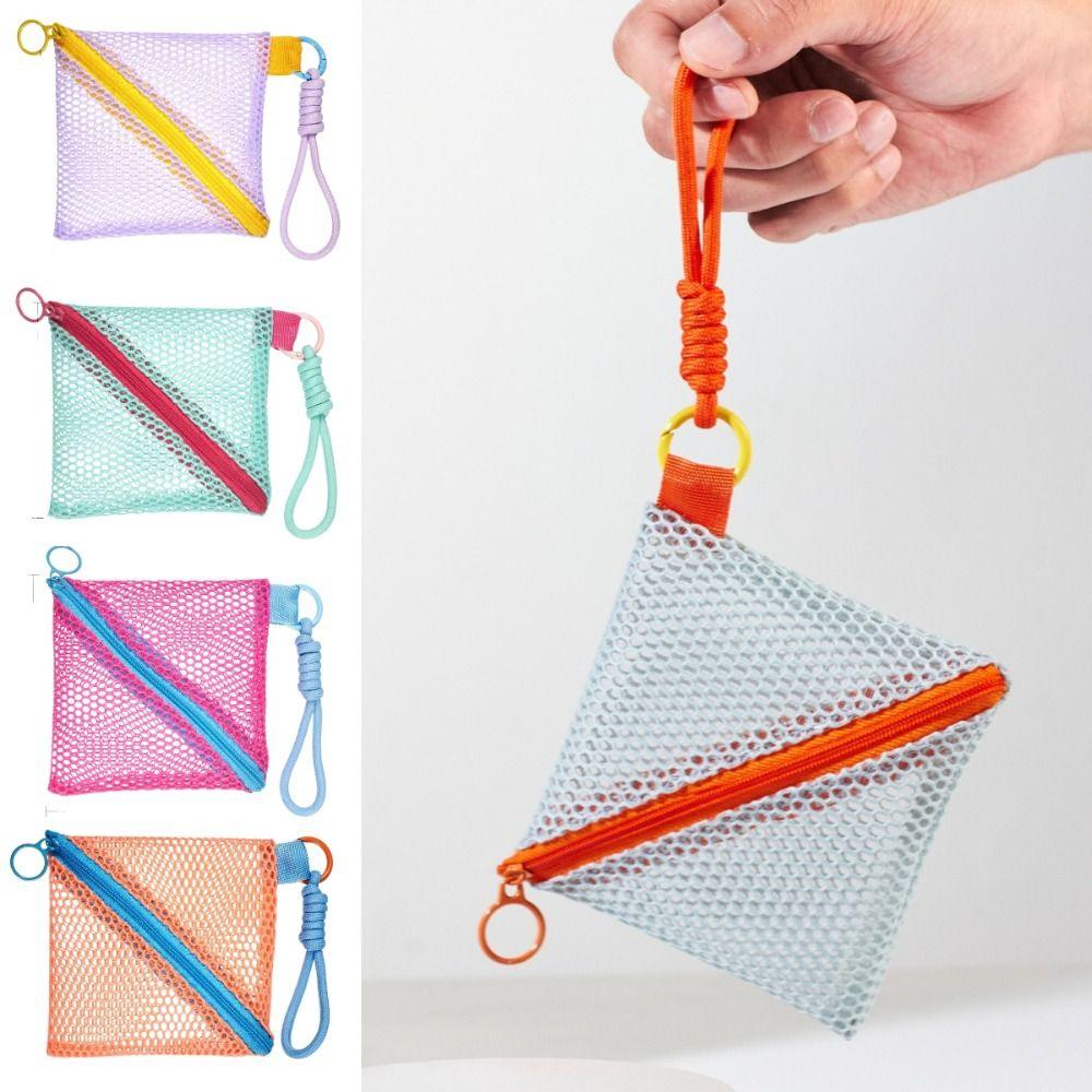 Outdoor Kawaii Clear Mesh Bag Portable Dopamine Color Mini Coin Purse Small Item Bag Rope Design Lipstick Cosmetic Bag Outdoor